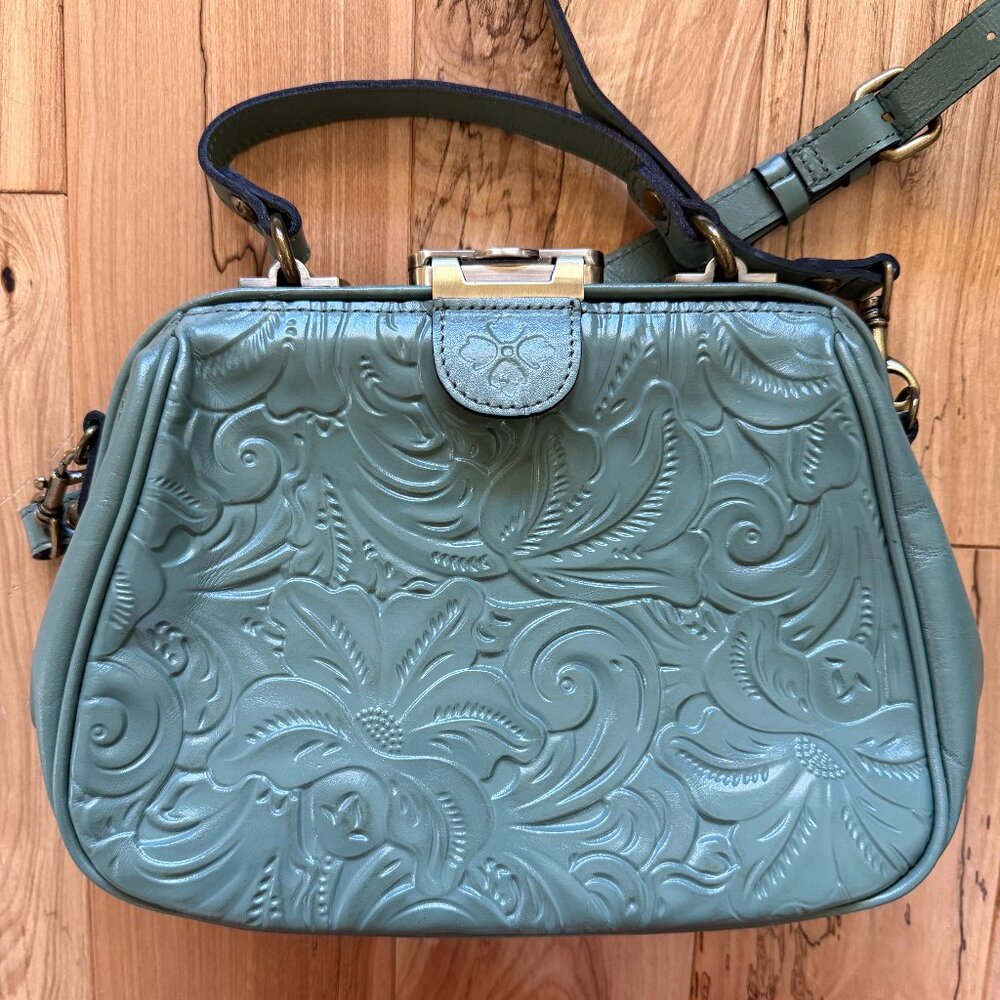 Patricia Nash Leather Gracchi Tooled Framed Satchel With Shoulder Strap (Sage)